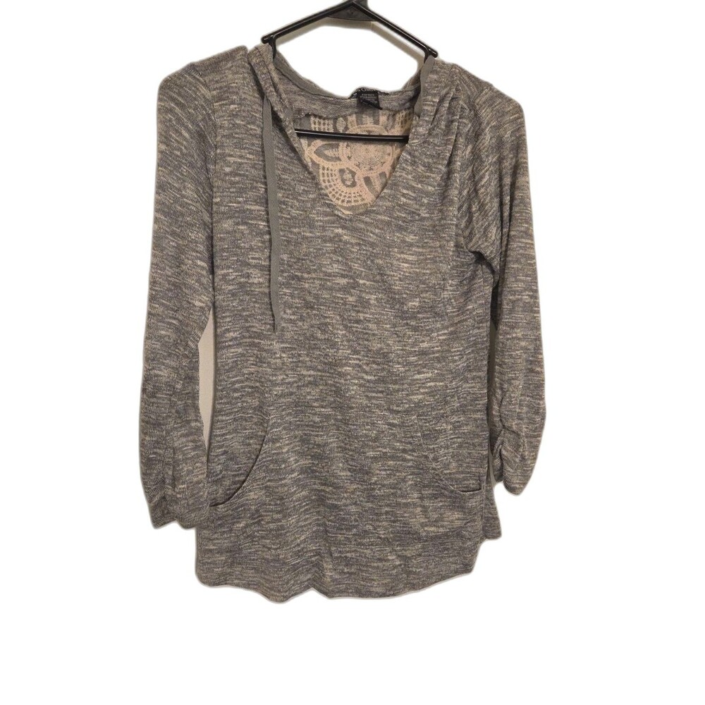 Miss Chievous Heather Gray Hooded Knit Top with Lace Inset